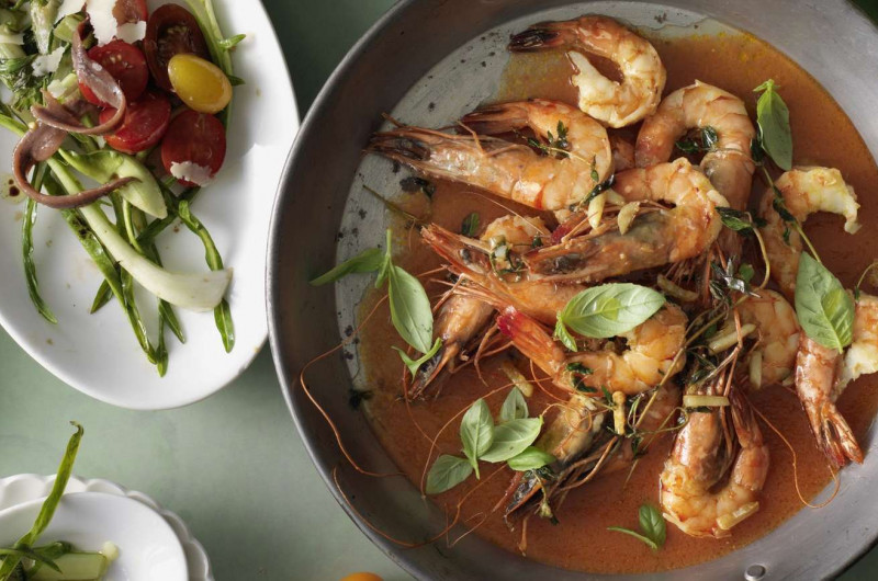 Crevettes géantes en jus d’olives et de tomates