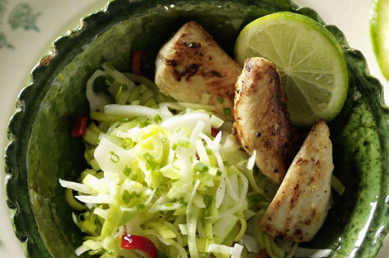 Salade de poireaux avec minifilets de poulet rôti