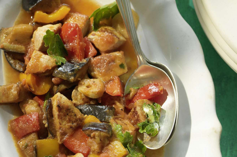 Émincé de veau à la poivronnade aux aubergines