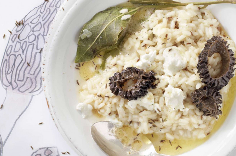 Risotto au carvi avec morilles et fromage de chèvre