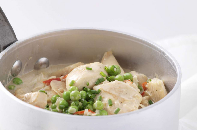 Poulet au vinaigre balsamique, ail et petits pois