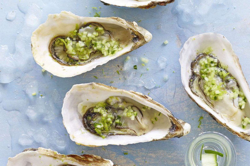 Huîtres avec gin, citron vert et concombre