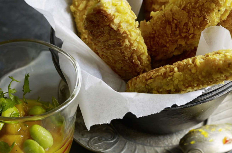 Minifilets de poulet panés avec sauce aigre-douce aux edamame