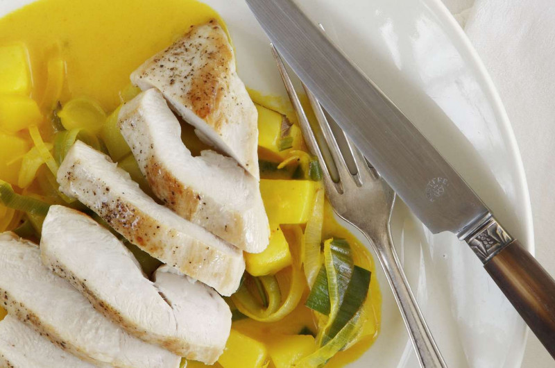 Poitrines de poulet sur pommes de terre au safran