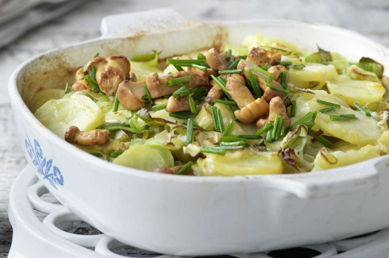 Gratin de pommes de terre et chanterelles à la ciboulette