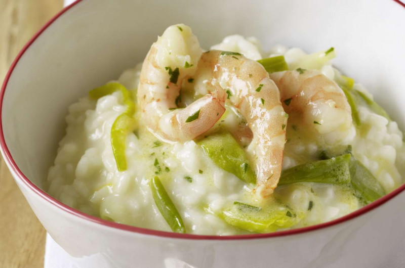 Risotto aux poireaux avec crevettes sautées