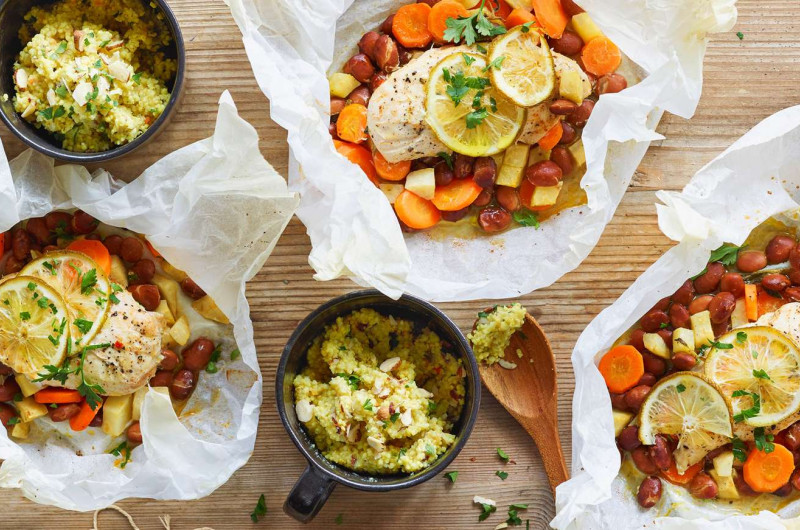 Poulet aux haricots et millet aux noisettes