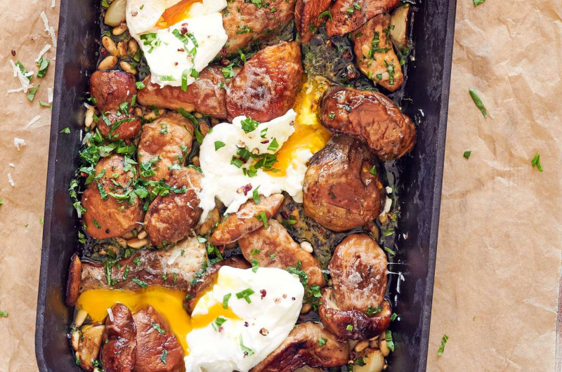 Bolets gratinés avec œuf poché