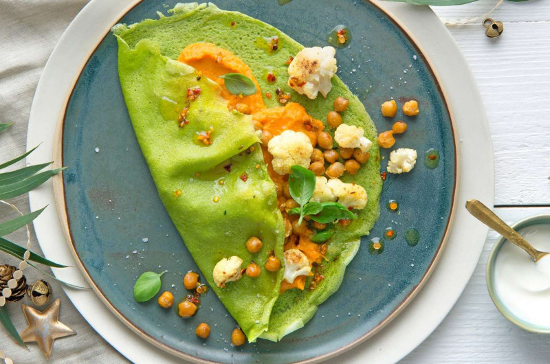 Crêpes aux épinards fourrées aux patates douces