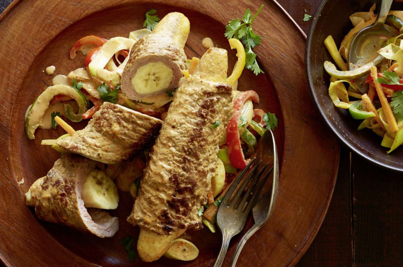 Paupiette de veau à la banane sur légumes au curry et au lait de coco