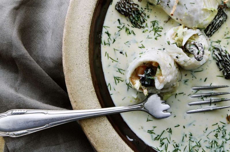 Rouleaux de poisson aux morilles et à la courge